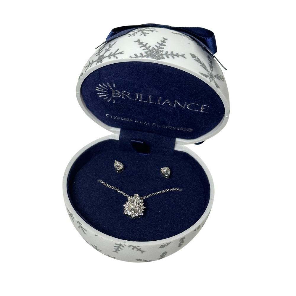 Brilliance Swarovski Crystal Pear Halo Necklace Earrings Set Snowflake Ornament